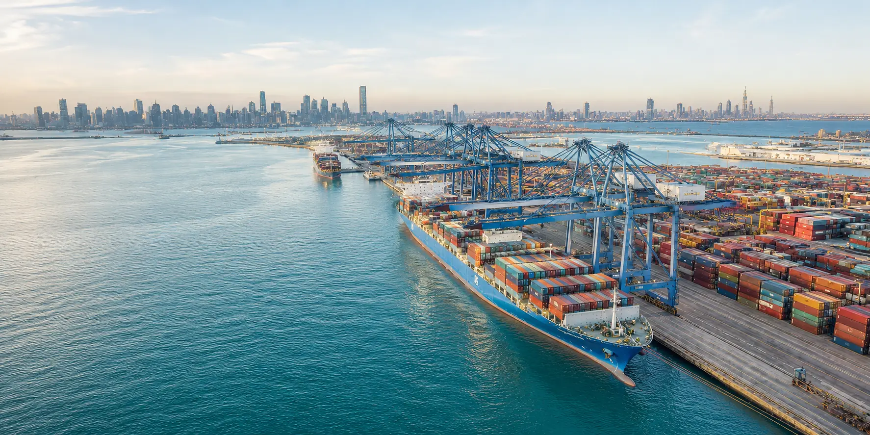 A modern trading port illuminated at blue hour