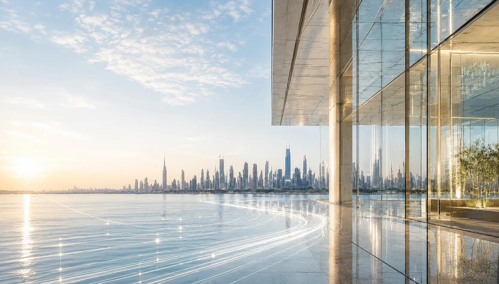 Sculptural glass towers rising from a dark reflective landscape