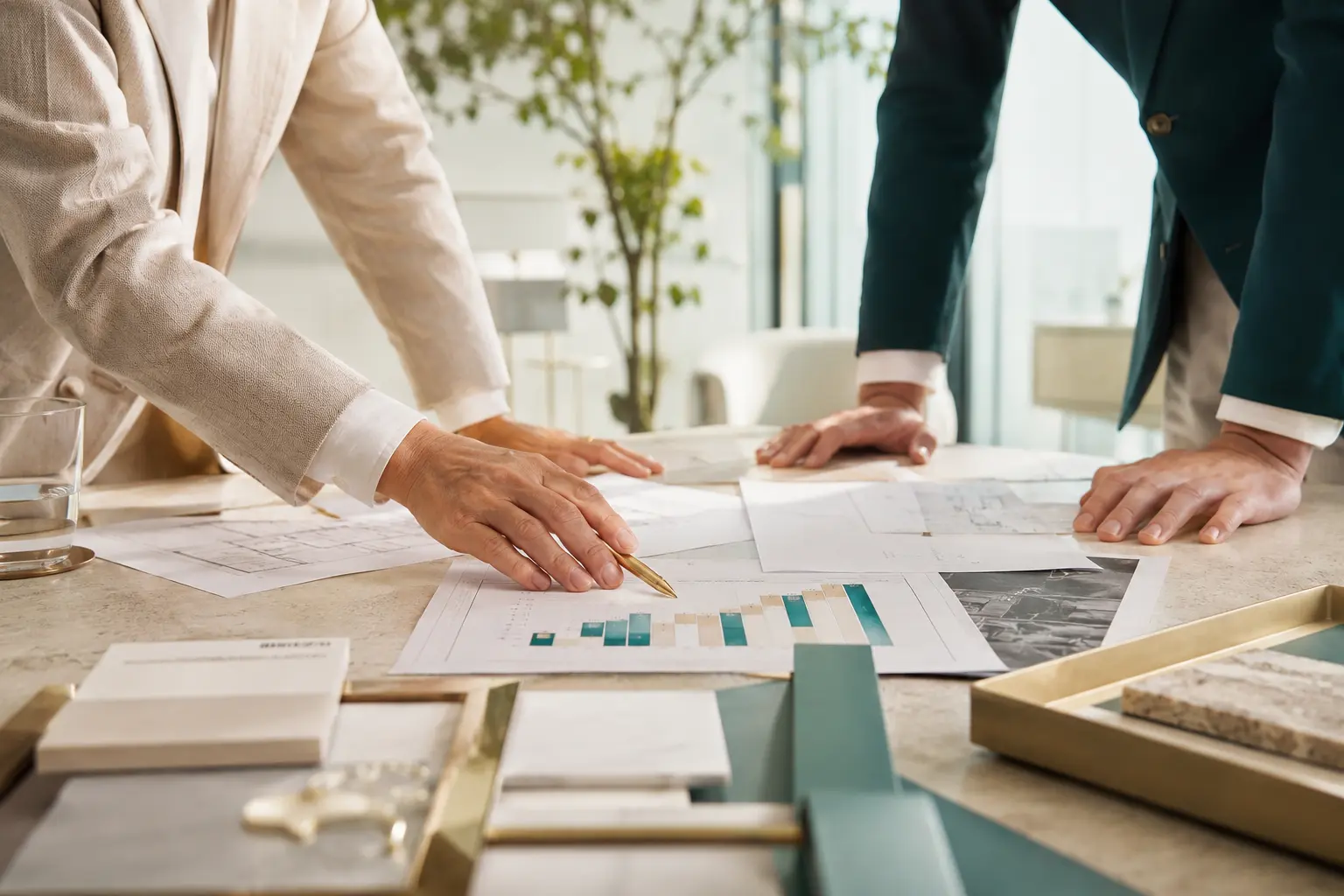 Executives reviewing plans and charts at a refined strategy table