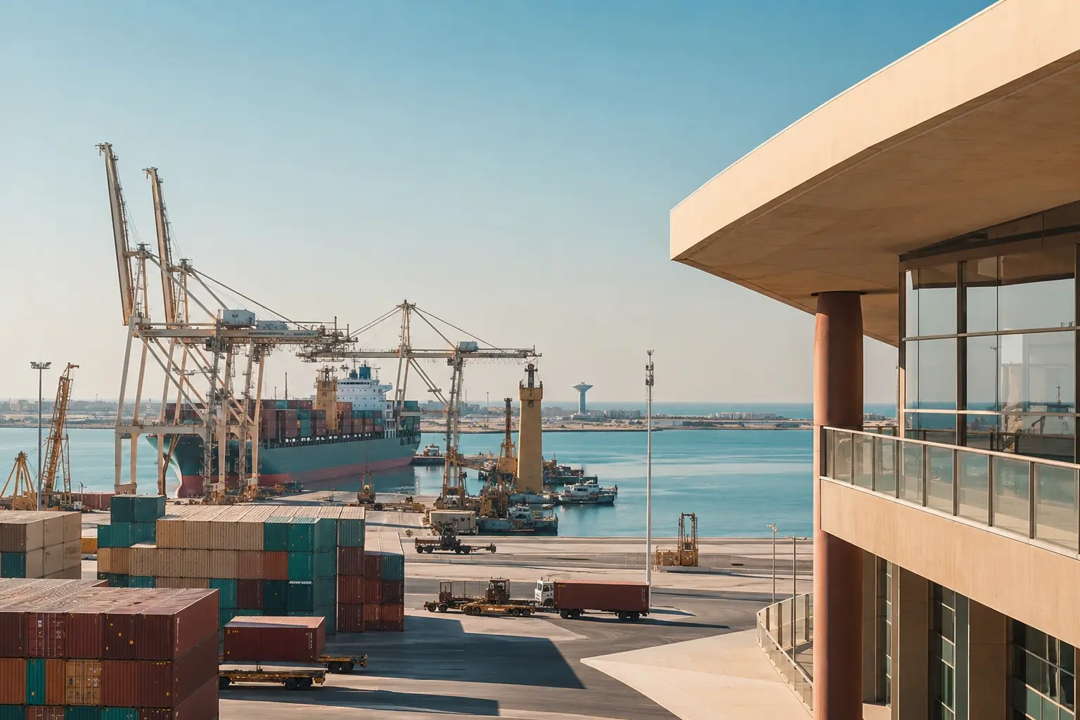 Modern logistics terminal and cargo port in bright morning light