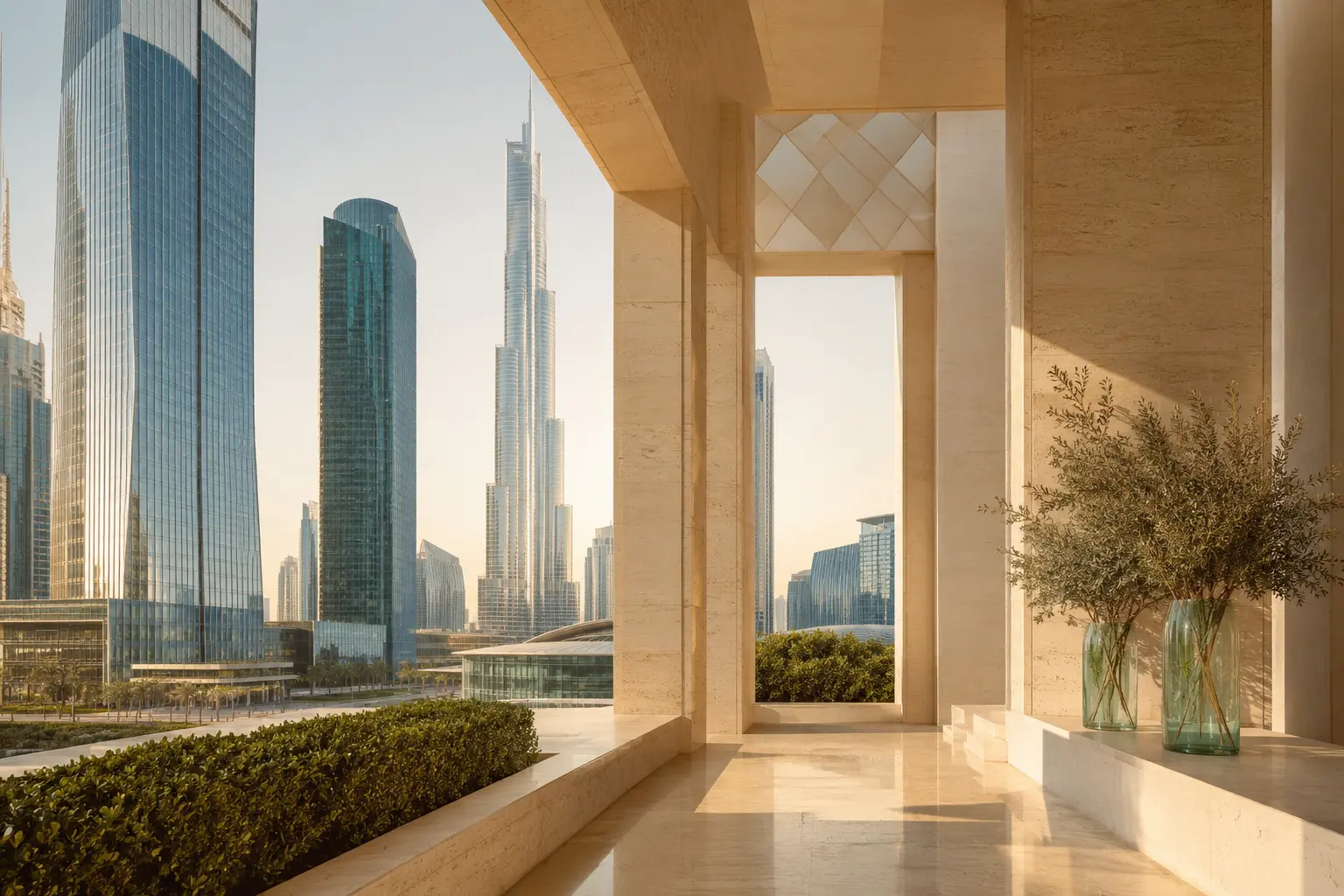 Sunlit contemporary architecture overlooking Dubai's financial district
